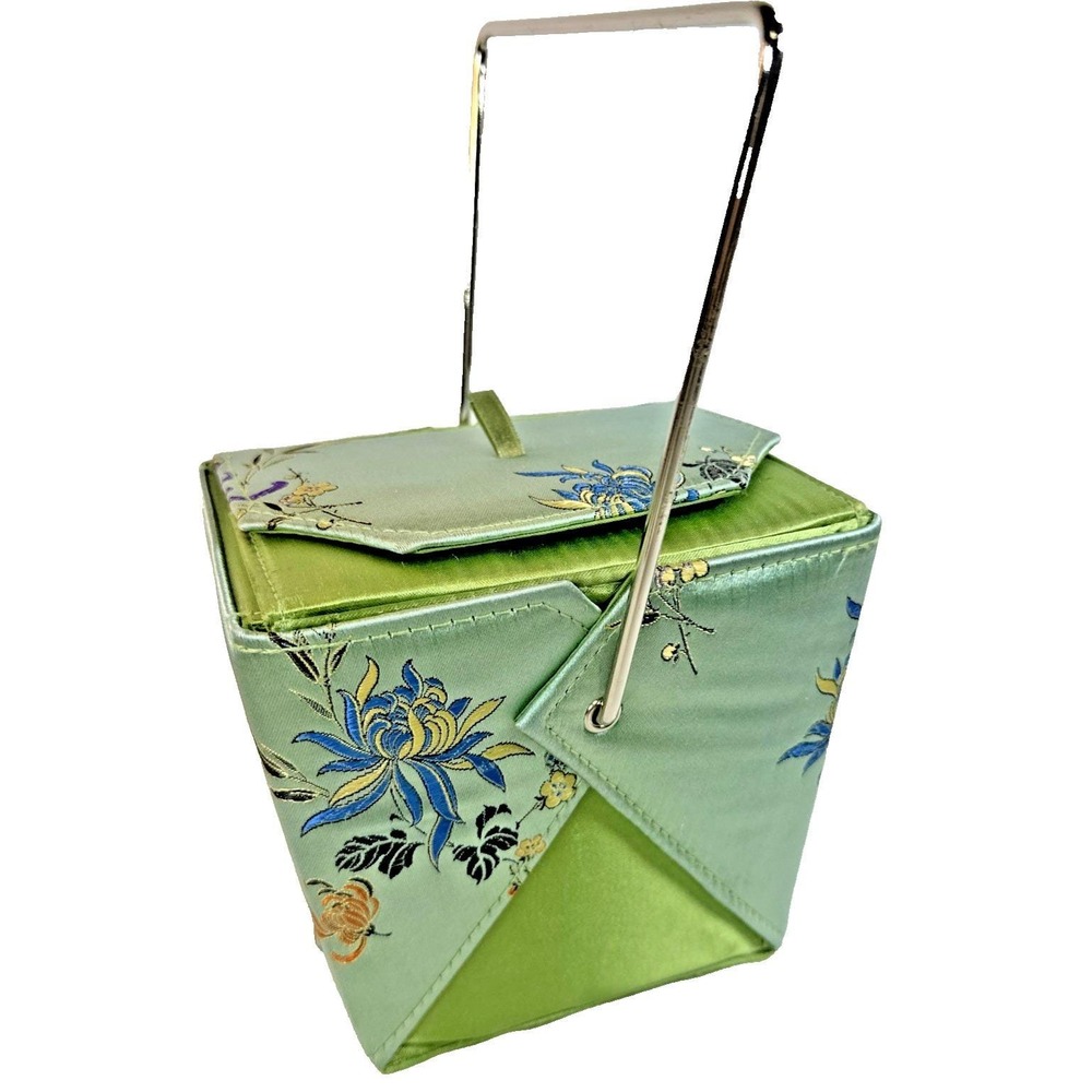 Yans NY Chinese Take Out Box Seafoam/Blue Flowers Brocade Purse Hand Bag Y2K